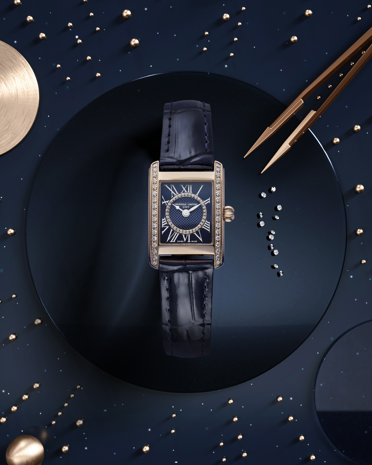 FREDERIQUE CONSTANT  Женские швейцарские часы, кварцевый механизм, сталь с покрытием, 23х21 мм