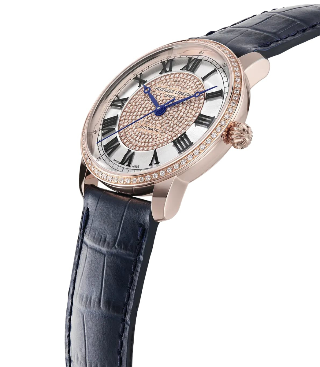 FREDERIQUE CONSTANT  Женские швейцарские часы с автоматическим механизмом, вставками из бриллиантов, 38,5 мм
Синий ремешок из натуральной кожи. Лимитированная серия.