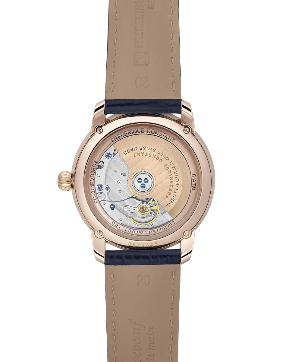 FREDERIQUE CONSTANT  Женские швейцарские часы с автоматическим механизмом, вставками из бриллиантов, 38,5 мм
Синий ремешок из натуральной кожи. Лимитированная серия.