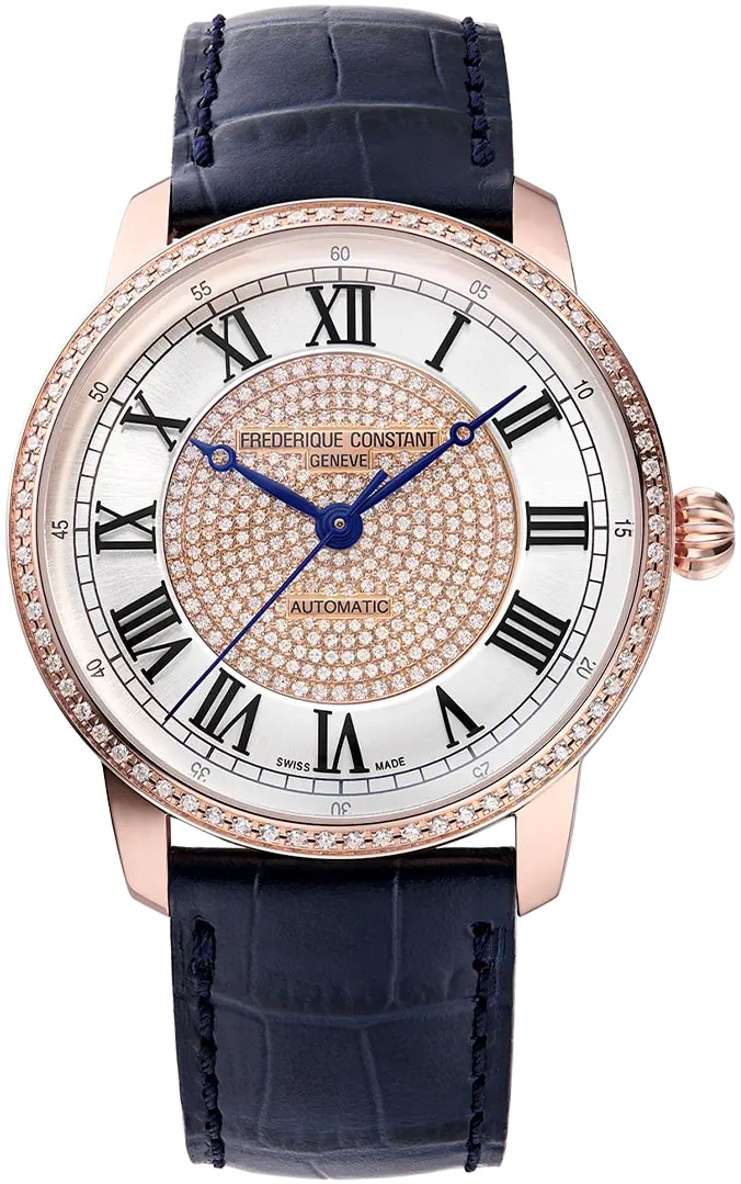 FREDERIQUE CONSTANT  Женские швейцарские часы с автоматическим механизмом, вставками из бриллиантов, 38,5 мм
Синий ремешок из натуральной кожи. Лимитированная серия.