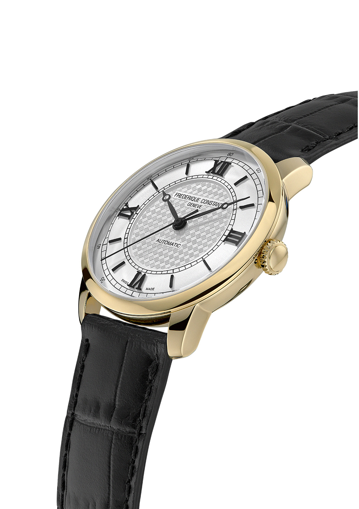 FREDERIQUE CONSTANT  Мужские швейцарские часы с автоматическим механизмом в корпусе из стали с желтой позолотой, 38,5 мм.
Черный ремешок из натуральной кожи. Лимитированная серия