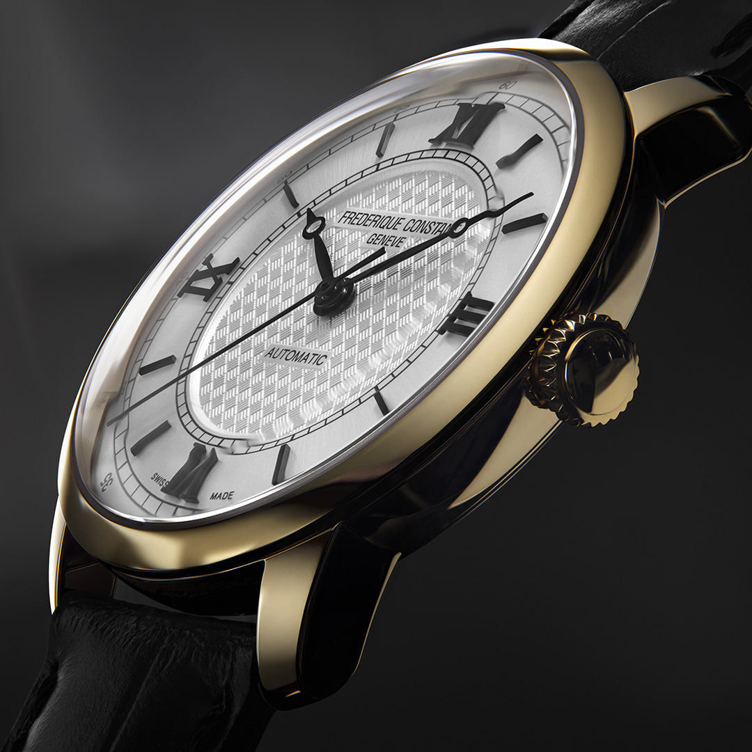 FREDERIQUE CONSTANT  Мужские швейцарские часы с автоматическим механизмом в корпусе из стали с желтой позолотой, 38,5 мм.
Черный ремешок из натуральной кожи. Лимитированная серия