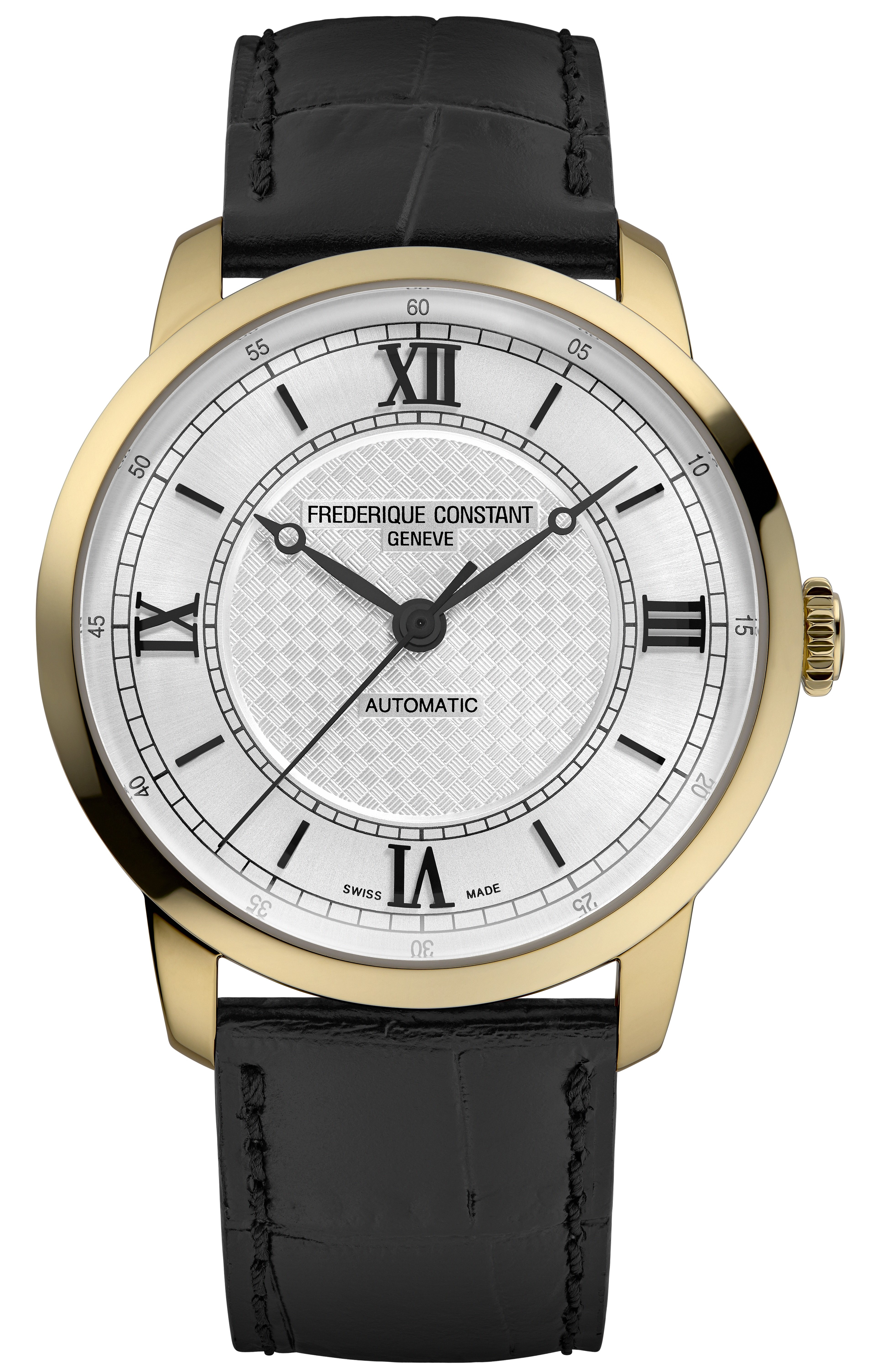 FREDERIQUE CONSTANT  Мужские швейцарские часы с автоматическим механизмом в корпусе из стали с желтой позолотой, 38,5 мм.
Черный ремешок из натуральной кожи. Лимитированная серия