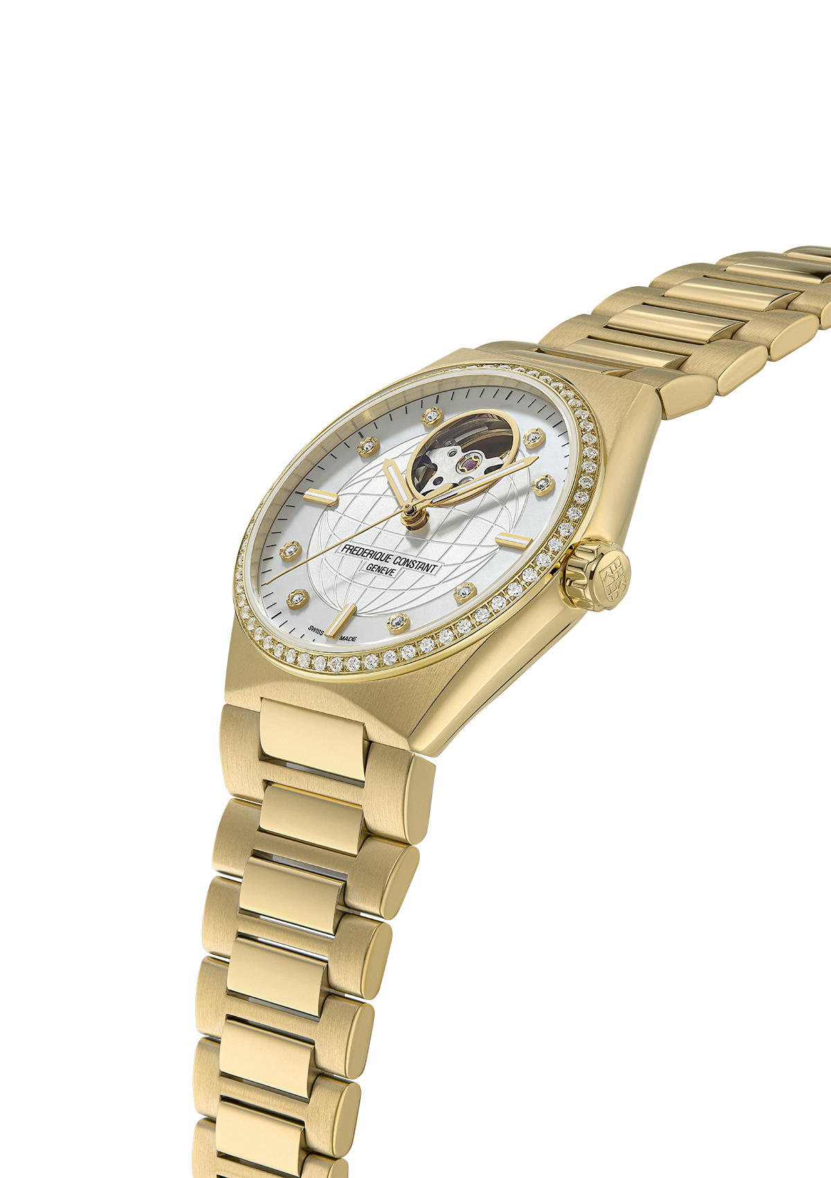 FREDERIQUE CONSTANT  Женские швейцарские часы с автоматическим механизмом, 34 мм. 
Стальной браслет с желтой позолотой, дополнительный белый каучуковый ремешок