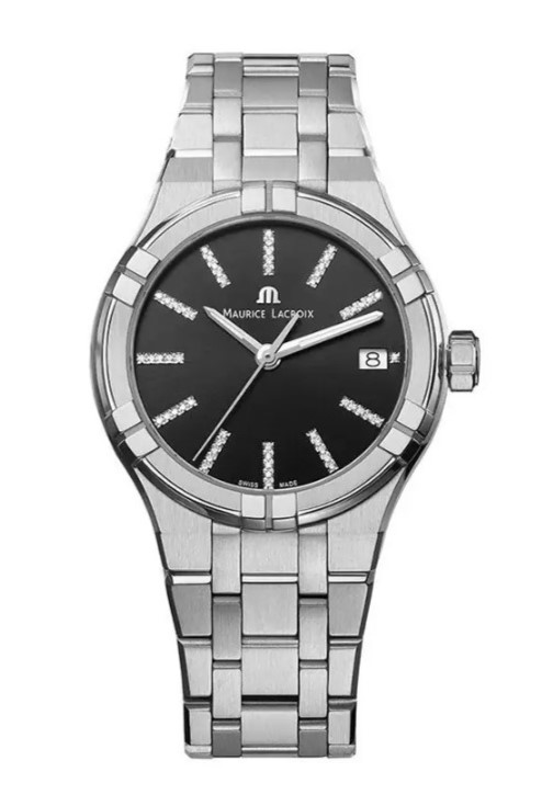 MAURICE LACROIX AIKON QUARTZ AIKON Date 35mm кварц - женские
Сталь - циферблат черный, отделка Sunray, бриллиантовые индексы  - Стальной браслет - 10 АТМ